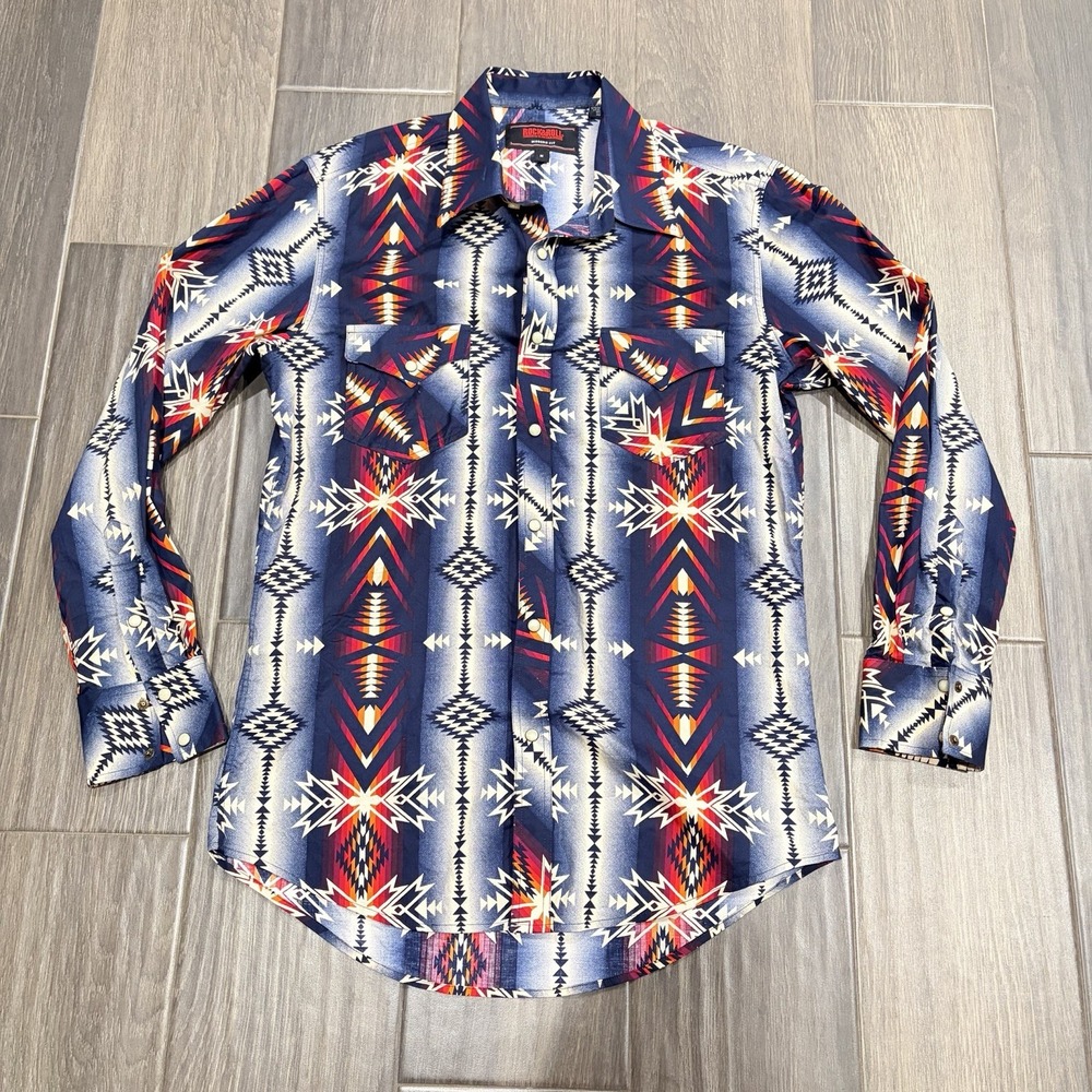 Rock & Roll Denim Men's Aztec Print Navy Snap Shirt Medium